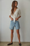 Woven Cotton Buttondown V-Neck Short Sleeve Top