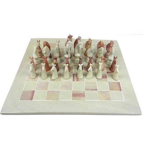 Hand Carved Soapstone Animal Chess Set - 15" Board Handmade and Fair Trade