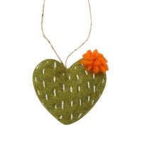Heart Cactus with Orange Flower Felt Ornament (Olive Color) - Global Groove (H)