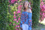 Blue Embroidered Peasant Blouse